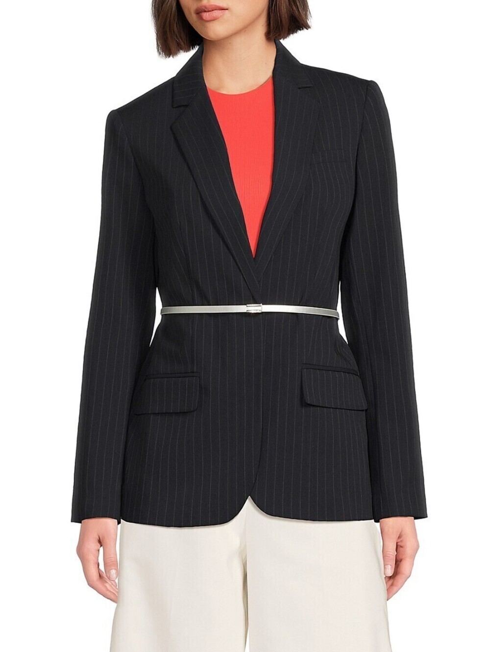 Calvin Klein Womens Pinstripe Belted Black 16